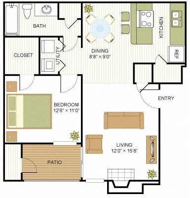 1 bed 1 bath A2 Floor Plan at Sunset Canyon, Texas